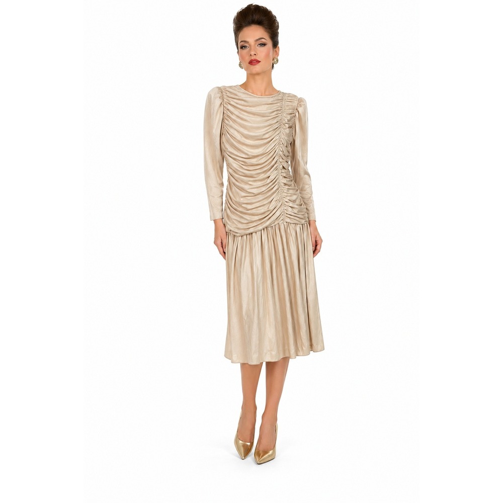 Vintage Claralura Original Ruched Metallic Gold Midi Dress Long Sleeve 80s Glam